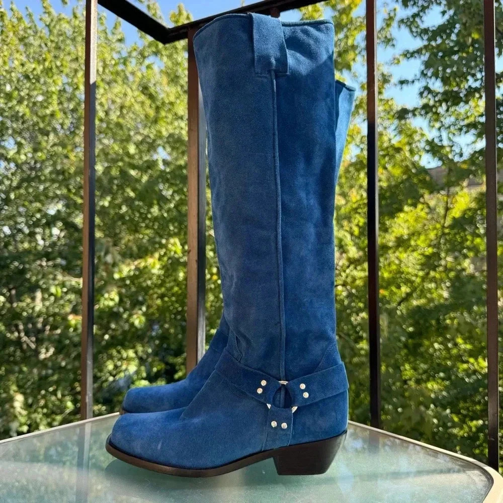 New Free People Suede Knee-High Moto Boots Lockhart Blue Womens Size 6 - Picture 11 of 16